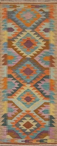 Tribal Traditional Kilim Geometric Flat Woven Wool Reversible Runner Rug 2'x7' - Picture 1 of 10