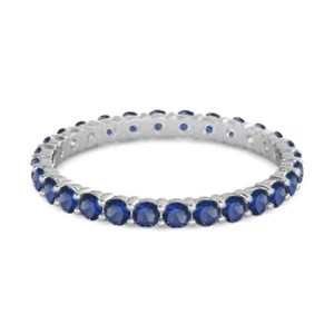 Full Eternity 2MM Round Blue Sapphire 925 Sterling Silver Stackable Women Ring - Picture 1 of 6