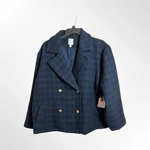 LC Lauren Conrad Double Breasted Blazer Jacket Navy Blue Nubby Plaid 4X New - Picture 1 of 6