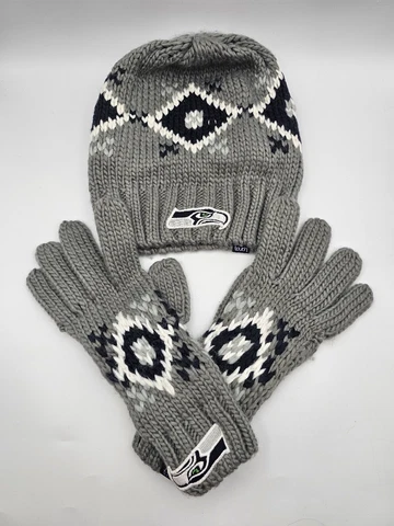 SEAHAWKS NFL Alyssa Milano Touch Womens Gray & White Knit Winter Hat & Gloves Cover