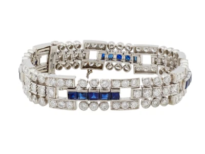 艺术装饰令人眼花缭乱的明亮切割实验室制造的钻石和蓝宝石网球手链 — 第 1/4 张图片