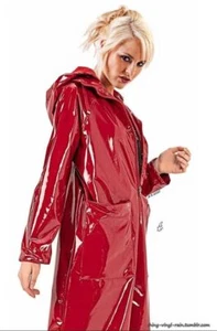 Women's Red PVC Vinyl Trench Jacket Hoodie Coat Raincoat Waterproof All sizes - Picture 1 of 3