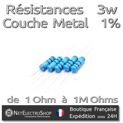 Lot de 5 Resistances 3W 1% Métal - Valeur de 1 Ohm à 1M Ohms au choix - Photo 1/2