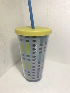 Starbucks Blue and Yellow Plaid Print Cold Cup Tumbler w/ Straw 16 oz, Used - Picture 1 of 5