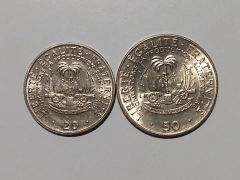 1972 HAITI 20 & 5O CENTIMES (2 COINS ) COPPER NICKEL UNC FAO Cover