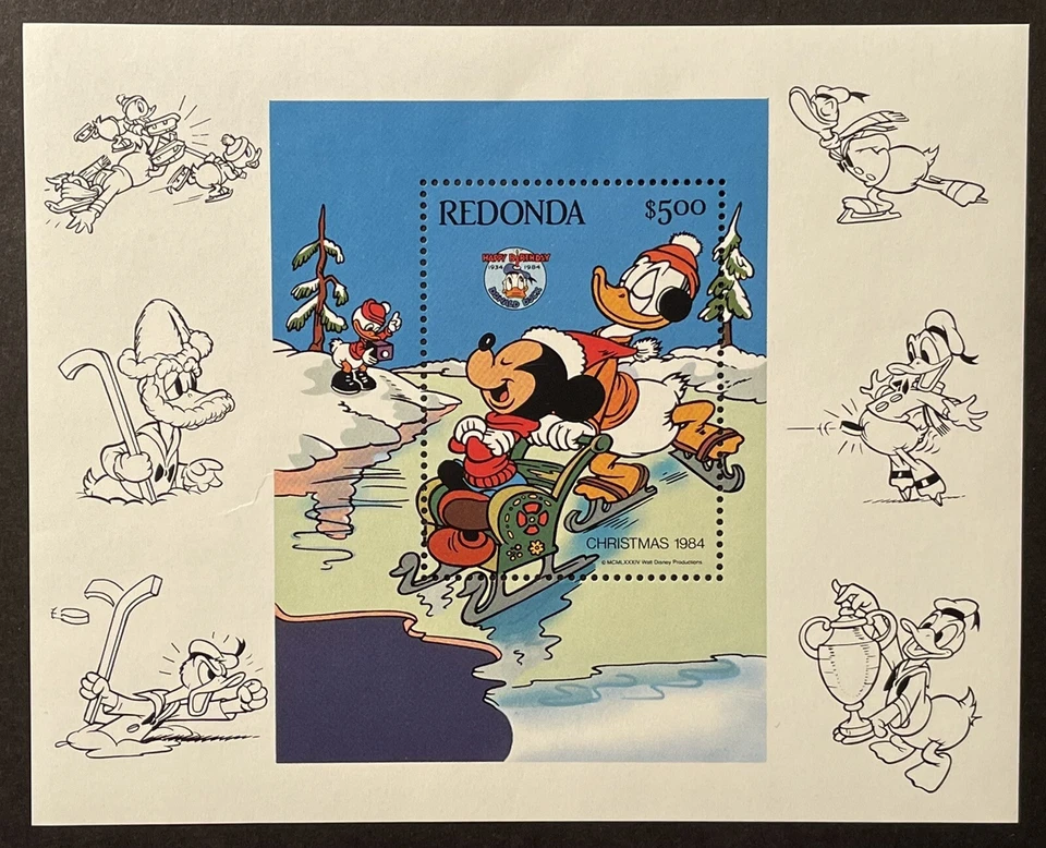 SELOS DE NATAL 1984 REDONDA DONALD DUCK DISNEY S/S MNH FELIZ ANIVERSÁRIO 50 ANOS - Imagem 1 de 1