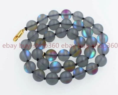 Collar de cuentas de piedras preciosas redondas de piedra lunar arco iris brillante gris natural de 8 mm 18" AAA Foto 1 de 4