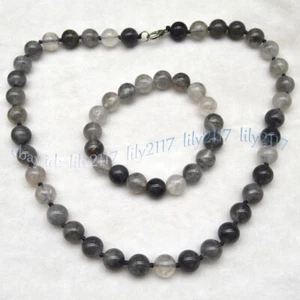 8/10mm Black White Quartz Crystal Round Gems Beads Necklace Bracelet Jewelry Set - Picture 1 of 10