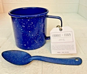 Fiddle+Fern Enamel Mug,24oz Coffee Cup Blue/White Speckled  NWT Bonus Spoon! - Picture 1 of 4
