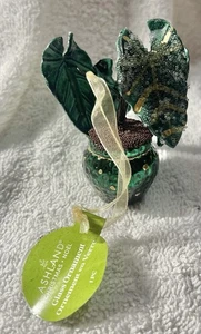 Green Potted Plant Christmas Tree Ornament Glass With Beads & Glitter Botanical - Picture 1 of 17