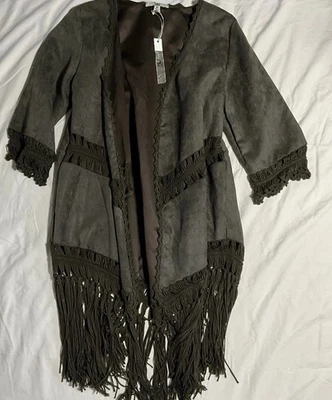 Ya Los Angeles Womens Faux Suede Fringe Jacket Cardigan Chocolate Brown Size M - Image 1 of 4