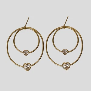 10k Yellow Gold Double Hoop Crystal Heart Earrings Mexico - Picture 1 of 3