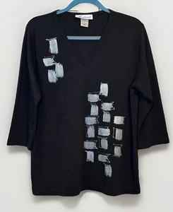 Victoria Handpainted By Artist Black Silver Combed Cotton Top Womens L Large - Picture 1 of 7
