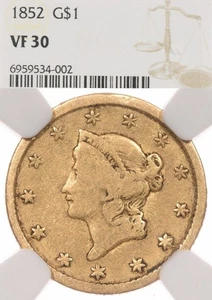 1852 G$1 NGC VF30 Liberty Head Gold One Dollar Coin - LOWBALL - Picture 1 of 4