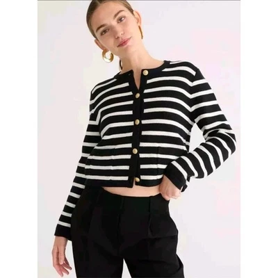 J. Crew Emilie Sweater Lady Jacket Stripe Black White Gold Buttons Sz M EUC - Image 1 of 4