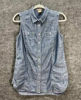 Duluth Trading Chambray女式小号蓝色无袖口袋纽扣前装 — 第 1/4 张图片