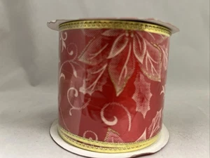 Christmas House Wire Ribbon Roll RED W GOLD POINSETTIAS  2 1/2 in x 9 feet NEW - Picture 1 of 4