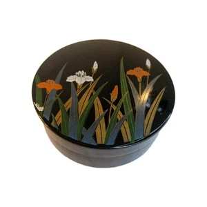 Japanese Laquer Work Black Pot With Floral Design - Picture 1 of 8