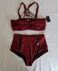 Ashley Stewart 2 Piece Bikini Criss-Cross Ruby Wine Swimsuit Women's Size 14 New - Picture 1 of 11