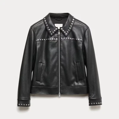 Chaqueta de motociclista Harrington de cuero de oveja negra con tachuelas con clavos para mujer Foto 1 de 4