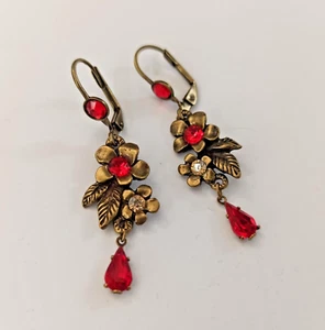 Michal Negrin Earrings Red Floral Crystal Drop Dangle Romantic Victorian Style - Picture 1 of 9