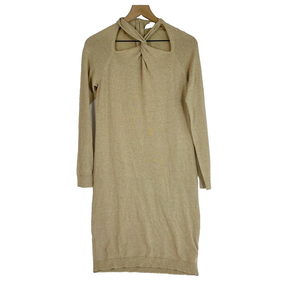 Michael Kors Beige Zippered Metallic Long Sleeve Above The Knee Sheath Dress XXL