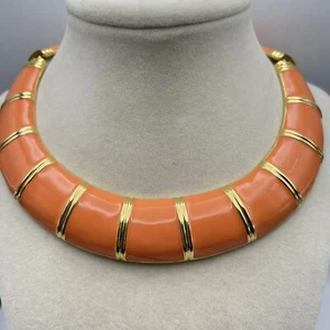 Kenneth Jay Lane Orange Enamel and Gold Stripes Golden Hinged Collar Necklace - Picture 1 of 12