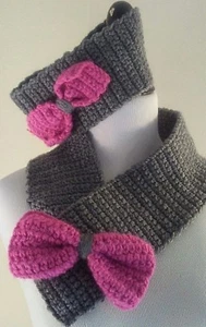 Handmade Scarf Set Matching Head Wrap Knit Ear Warmer Gray Pink Bow Closure - Picture 1 of 4