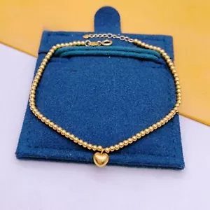 18K Yellow Gold Chain Women 2mm Glossy Round Beads Heart Link Bracelet - Picture 1 of 4