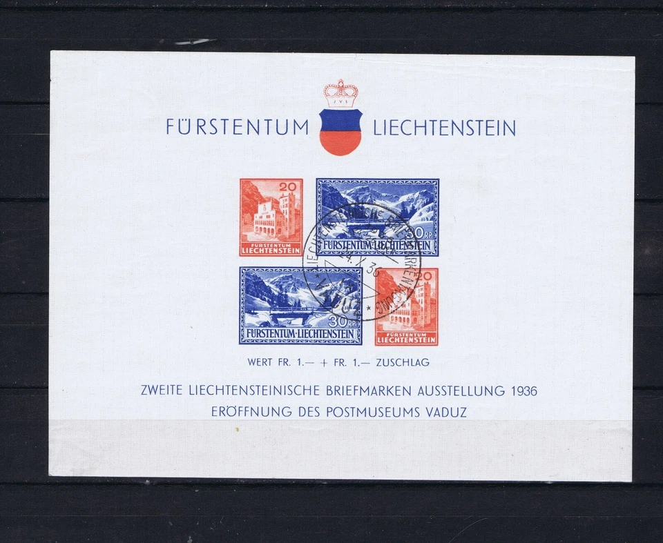 LIECHTENSTEIN 1936 MS Opening postmuseum Vaduz first day cancel SE98  - Image 1 of 1