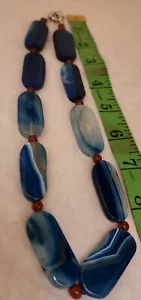 Lampwork Kunst Glas flach länglich Perlen Schlüsselbein 18" Länge Halsband Halskette blau - Bild 1 von 5