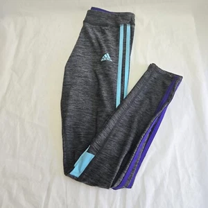 Adidas Leggings Girls youth 3 Stripe Climalite Grey Turquoise Purple Large 12/14 - Picture 1 of 7