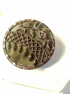 Button Large Celluloid With Copper Floral Overlay Antique 1 1/4” Shank - Picture 1 of 5