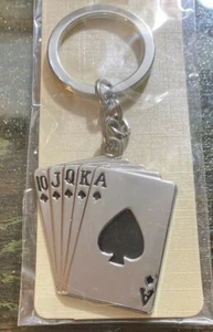 Ace of Spade Royal Straight Flush Silver Keychain Key Chain Ring Good Luck Poker - Picture 1 of 1