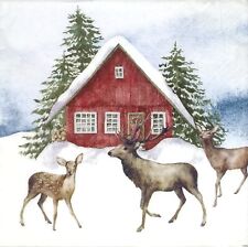 Q565 # 3 x pojedyncze papierowe serwetki do decoupage Deer obok czerwonego domu w śniegu