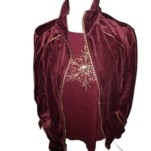 SALE!! NWT- Quacker Factory Maroon 2 pc Set, Rhinestone T-Shirt with Jacket M - Picture 1 of 12