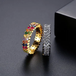 Anello donna doppia fila colore geometrico zirconi placcato oro gioielli regalo misura 6-9 - Foto 1 di 13