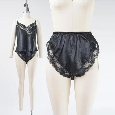 Conjunto de lencería vintage Victoria's Secret negro satinado floral encaje camisola panty M Foto 1 de 4