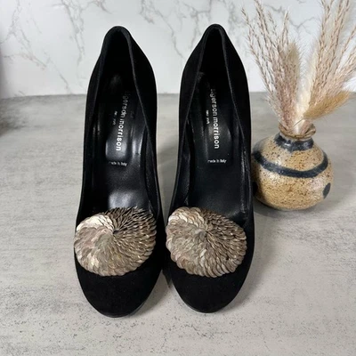 Sigerson Morrison Flair Silk Black Suede Sahara Heels Women's US6.5 EU40 Metal - Image 1 of 4