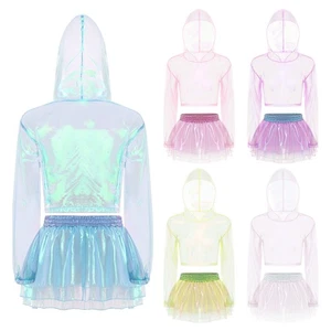 Women Transparent Sparkly Club Outfit Hooded Crop Tops with A-line Mini Skirt - Picture 1 of 42