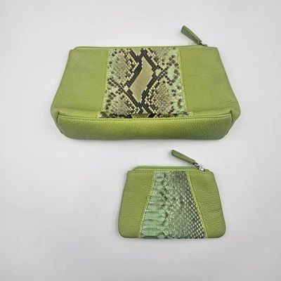 HSN Carlos Falchi Verde Piel de Serpiente Cuero Bolso Cosmético y Cambio Monedero Conjunto Foto 1 de 4