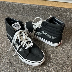 Vans SK8-Hi Sneaker Skate Shoes Leopard Print Trim Womens 8 Lace Up Black Canvas - Picture 1 of 11