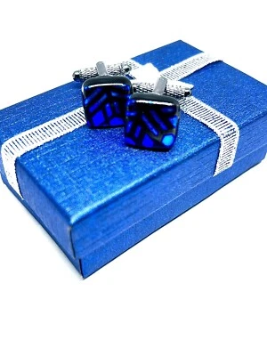 Gemelos de vidrio dicroico cuadrados azules hechos a mano, palancas moleteadas negras Foto 1 de 4