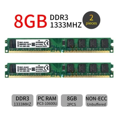Kingston 16Go 2x 8Go DDR3 1333MHz PC3-10600U KVR1333D3N9/8G DIMM Mémoire RAM FR - Photo 1/4