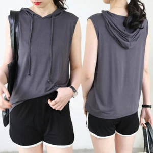 Lady Solid Sleeveless Hooded Shirt Modal Tank Top Undershirt Vest Top Drawstring - Picture 1 of 18