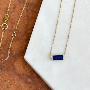 Vintage Yellow Gold Blue Lapis Lazuli + Diamond Pendant Chain Necklace 18” - Picture 1 of 8