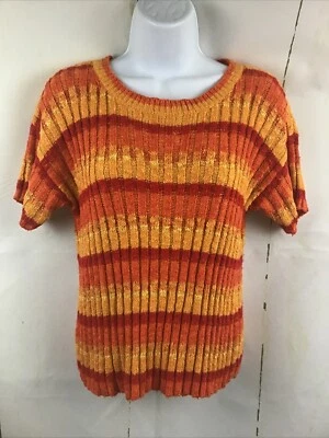 Company Ellen Tracy 女式橙色条纹短袖毛衣,尺寸。 M — 第 1/4 张图片