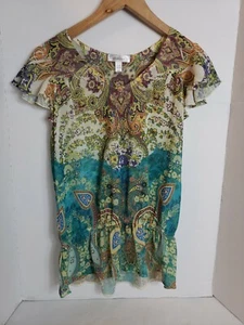 DressBarn Women's Blue White Yellow Purple Green Floral Short Sleeve Top, PXS - Picture 1 of 8