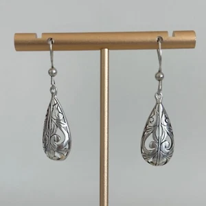Vintage 925 Sterling Silver Ornate Cut Out Scroll Teardrop Dangle Drop Earrings - Picture 1 of 8