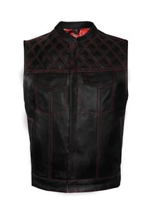 Men's Motorcycle Red Stitching Diamond Quilting Red Paisley Liner Leather Vest - Picture 1 of 5